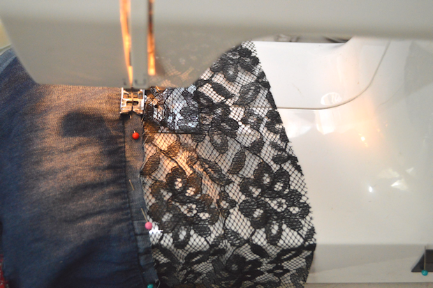 Sewing lace to a denim shirt