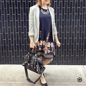 awayfromblue Instagram | Shein navy flower print flowy dress with jersey blazer black accessories balenciaga part time bag