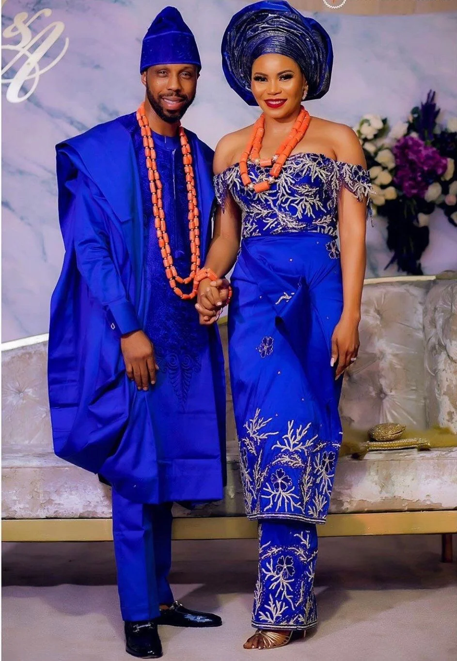 Royal blue traditional wedding outfit for couple igbo tribe