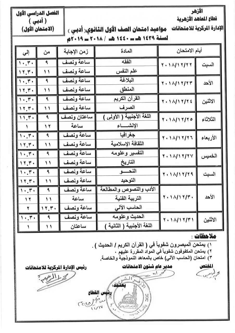 جدول امتحانات المعاهد الأزهرية