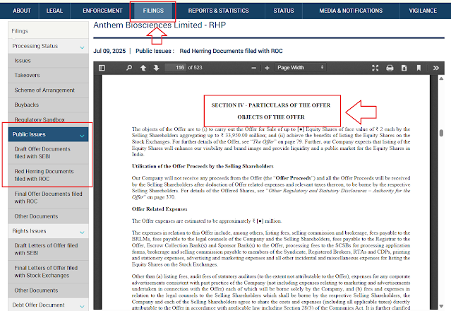Objects of issue in RHP Section on SEBI Website