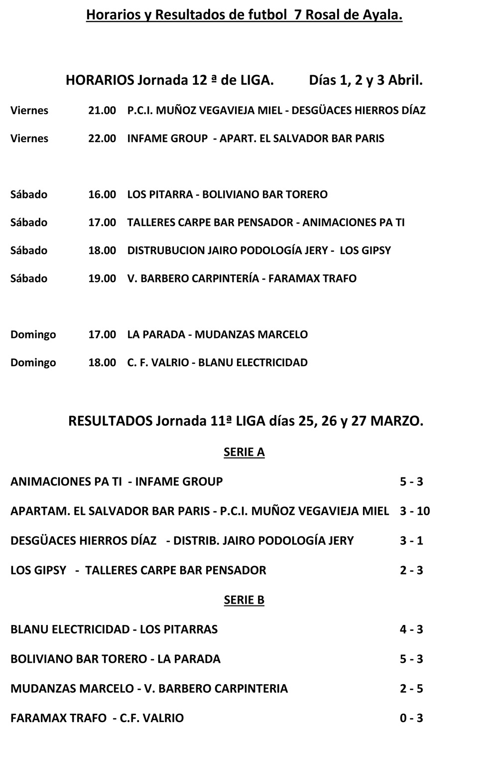 Resultados y horarios Fútbol-7 Rosal Ayala 2021/2022. 12ª Jornada Liga (1, 2 y 3 de abril) - Estadio Norte