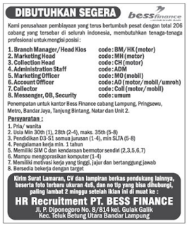 Lowongan Kerja PT. BESS FINANCE Lampung