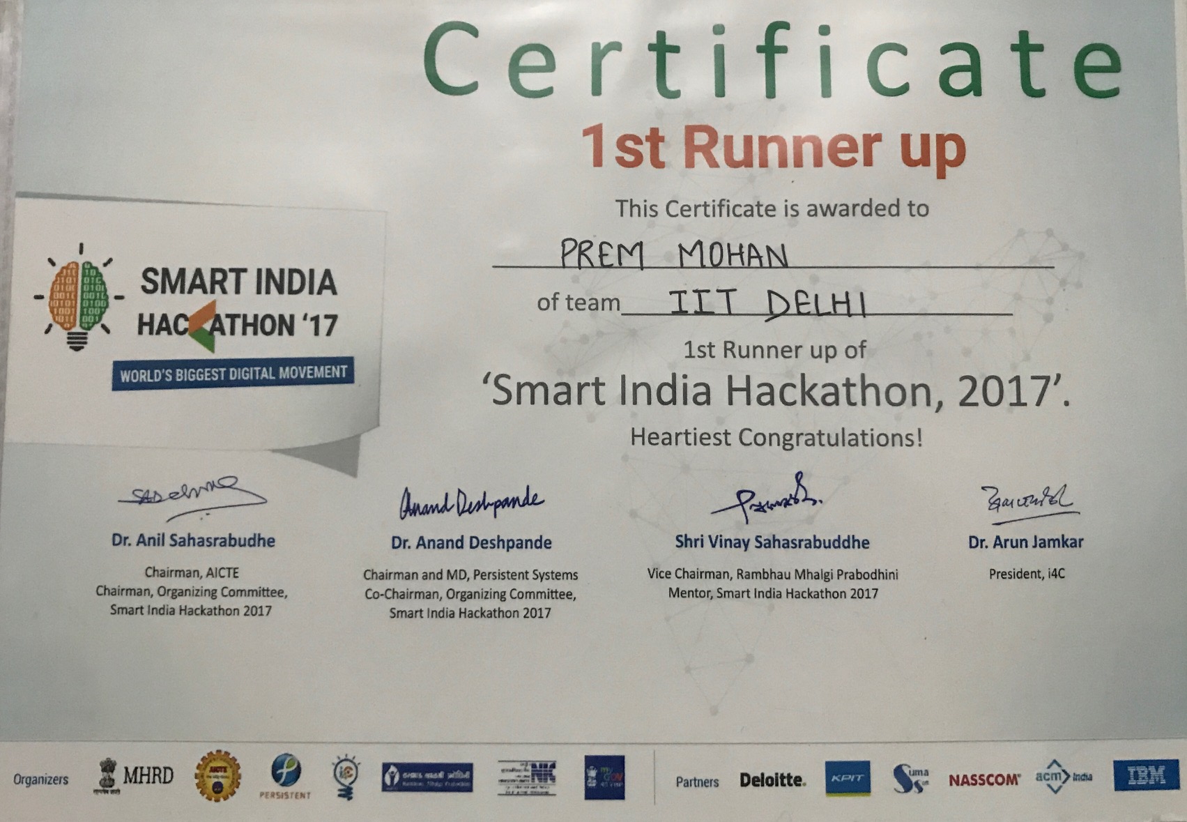 Smart Indian Hackathon Winner Prem Mohan