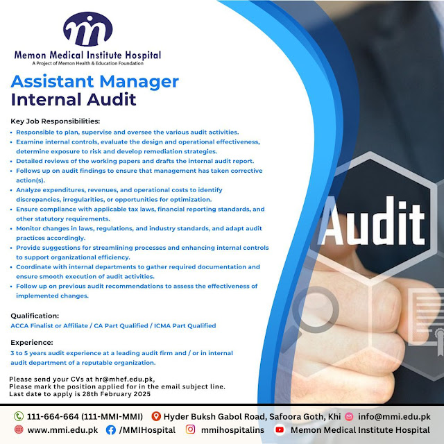 Memon Medical Institute Hospital Latest Jobs in Karachi Assistant Manager Internal Audit 2025
