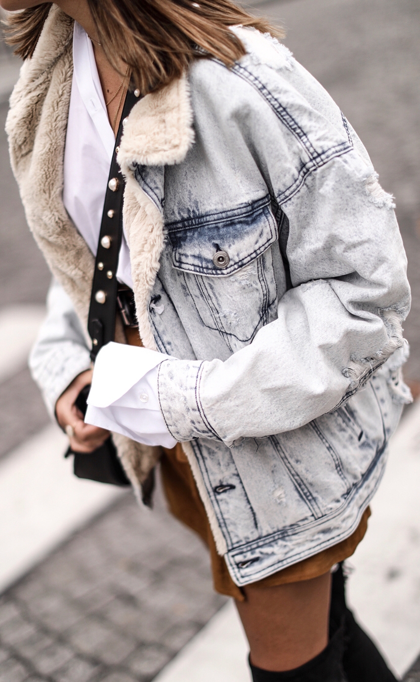 how to style a denim jacket + white shirt + bag + brown skirt