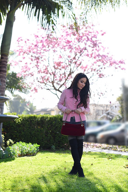 spring ruffles pink corduroy sweater gray paige denim berry velvet bow moschino handbag