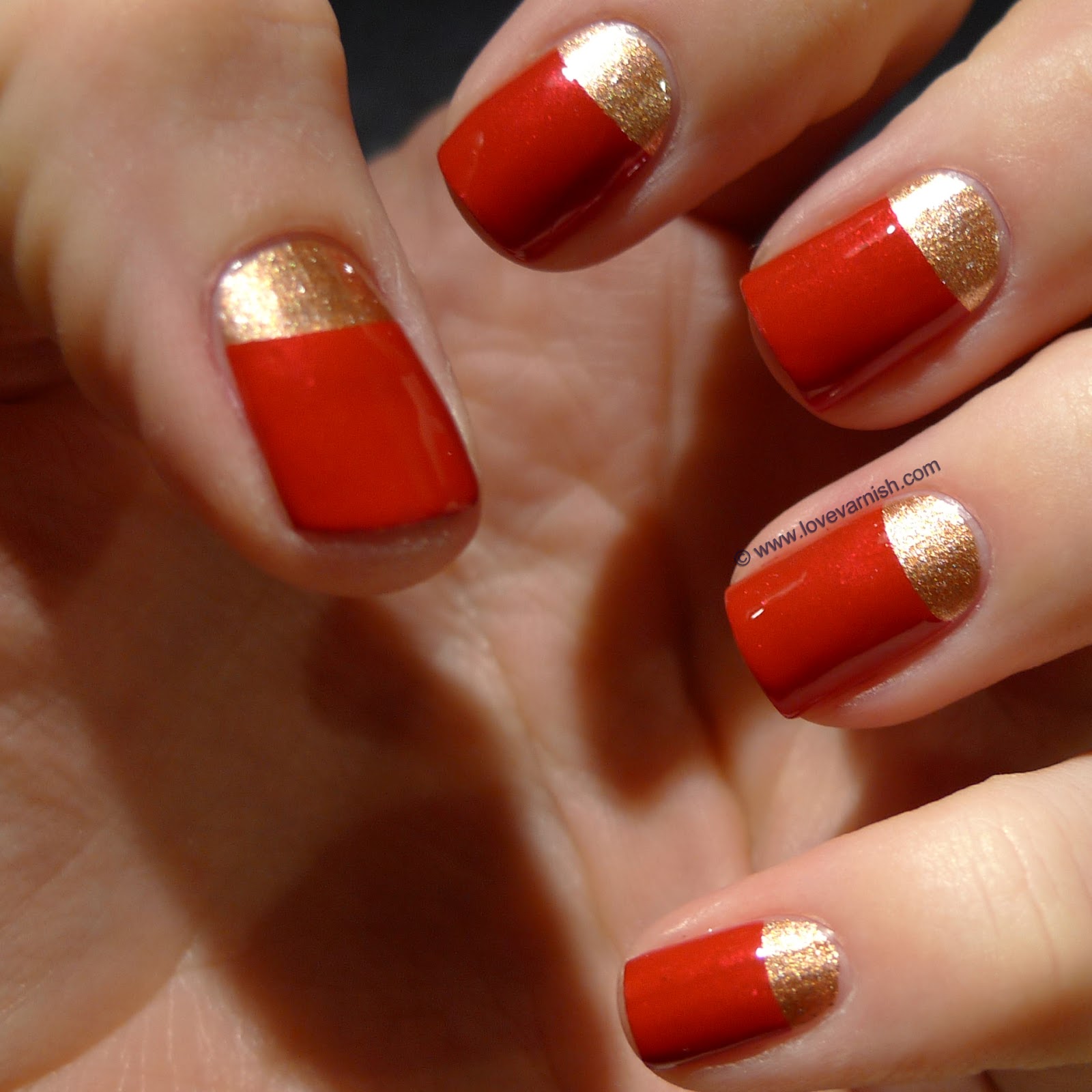 Deborah's manicure - Gold and red half moons