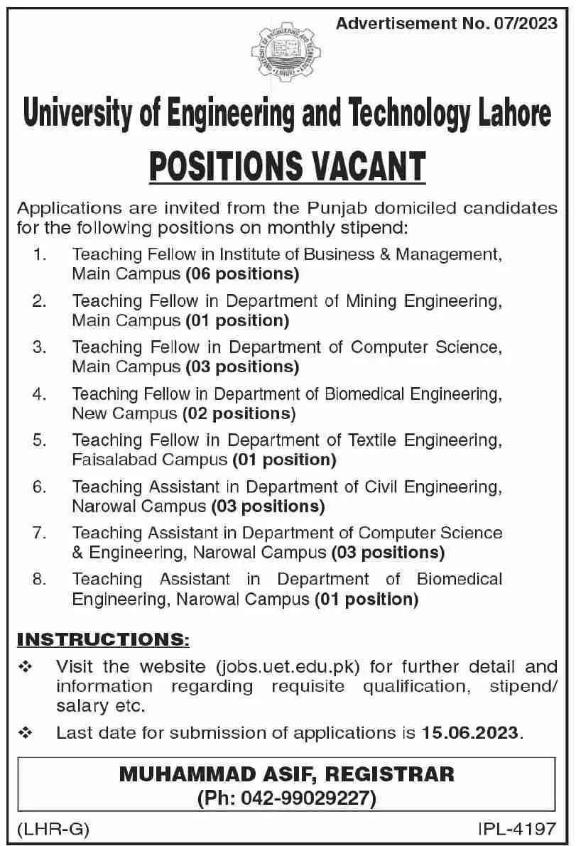 University Of Engineering And Technology jobs in lahore