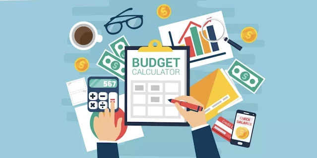 An overhead flat lay illustration of a person's hands using a "BUDGET CALCULATOR" on a clipboard, surrounded by various financial items. These items include a calculator, bills, coins, a credit card, a smartphone displaying "CHECK BALANCE," a magnifying glass over a bar graph, a coffee cup, eyeglasses, and paper documents, all set against a light blue background, depicting the process of managing finances.