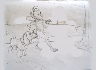 line work drawing of a boy and his dog walking to a ball game