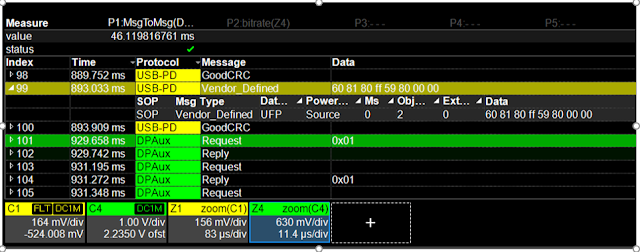 Interleaved table of decoder results show relative timing between packets from different decodings. Individual details can be "dropped in."