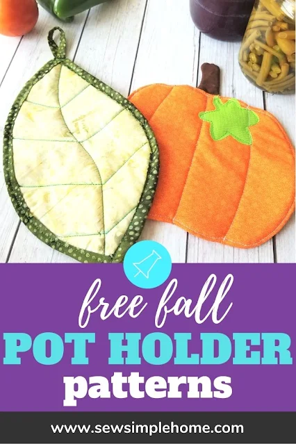 Get festive with the simple pumpkin pot holder sewing pattern and leaf quilted potholder pattern.