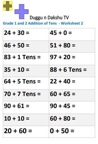 Math Worksheet 2 for Grade 1 and Grade 2- Addition of Tens