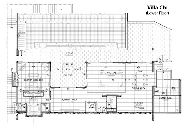 Floor plan of the lower floor in Villa Chi