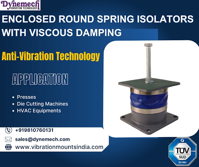 Product image of Dynemech Enclosed Round Spring Isolator with Viscous Damping, designed to reduce vibrations in machines like presses, die cutters, and HVAC systems for smoother and quieter performance.