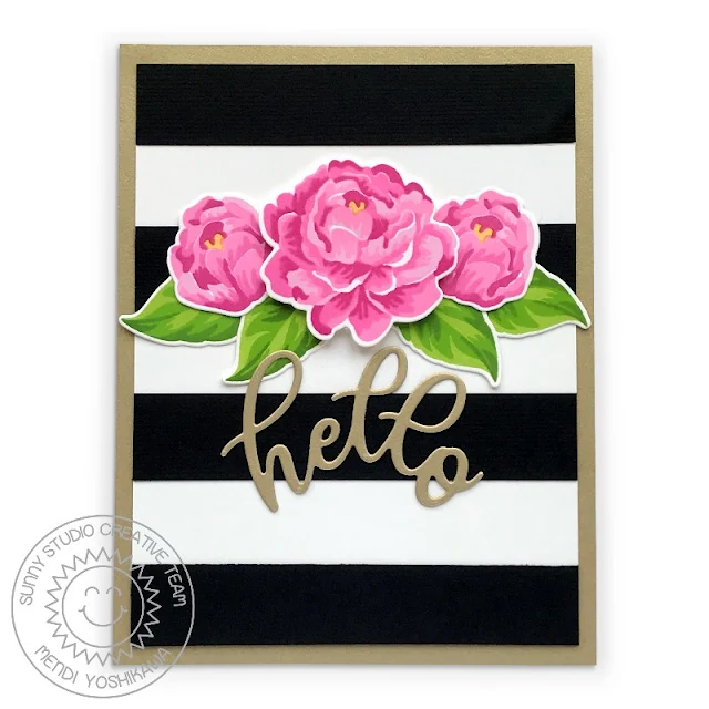 Sunny Studio Stamps B&W Striped Floral Flower Hello Card (using Captivating Camellias Stamps & Slimline Scalloped Frame Dies)