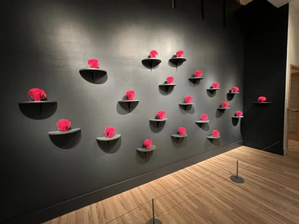 dark grey wall onto which a group of vivid pink identical woven paper sculptures are displayed