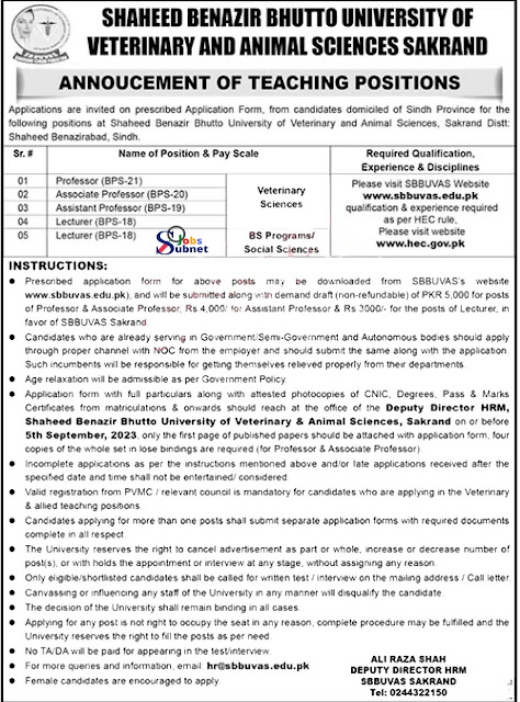 Teaching and Non- Teaching Position Available At SBBUVAS Skrand Jobs 2023  Job Description  SBBUVAS Skrand Jobs 2023 has been recently announced in the advertisement of The Dawn Newspaper by the Government of Pakistan. Applications from eligible people are invited through online website. In these Latest SBBUVAS Skrand Jobs 2023 the eligible candidates from their respective regions can apply through the organization-defined process and can get these latest Jobs in Pakistan 2023 after the full recruitment process.  SBBUVAS Skrand Jobs 2023   Newspaper	:	Dawn Jobs Published Date	:	11 August 2023 Organization Name	:	Shaheed Benazir Bhutto University of Veterinary & Animal Sciences - SBBUVAS Job Type	:	Government Jobs No of Posts	:	Multiple Education	:	Primary, Middle, Matric, Intermediate, Bachelor, Master, Ph.D, M.Phil, MS, BS Type of Employment	:	Full Time Jobs Location	:	Shaheed Benazirabad, Sindh Last Date To Apply	:	September 05, 2023 Job Videos Watch	:	Click Here  Join WhatsApp Group	:	Click Here   Jobs Details  Sr.No	Post Name	All Post 1	Accounts Officer	               Multiple                2	Additional Director	 3	Additional Registrar	 4	Assistant Director	 5	Assistant Registrar	 6	Budget Officer	 7	Carpenter	 8	Computer Operator	 9	Deputy Controller of Examination	 10	Deputy Registrar	 11	Director	 12	Driver	 13	Electrician	 14	Farm Manager	 15	IT Administrator	 16	IT Officer	 17	Junior Clerk	 18	Lab Technician	 19	Mali	 20	Naib Qasid	 21	Office Assistant	 22	PA	 23	Photographer Artist	 24	Plumber	 25	PR Officer	 26	Project Engineer	 27	Security Officer	 28	Senior  Clerk	 29	Stock Assistant	 30	Transport Officer	 31	Veterinary Officer	   Jobs Advertisement 2023             How To Apply For SBBUVAS Skrand Jobs 2023    General FAQs For Apply  1.   Original documents should be produced at the time of the interview. 2.   Only short-listed candidates will be called for an interview. 3.   No TA/DA shall be admissible. 4.   Late submission of form / application Applications are received after the closing date according to the advertisement shall not be entertained. 5.   What is the criteria for government employees to apply? Government & Semi Government Organizations employees should apply through the proper channel. 6.   How you can submit application form? Interested candidates should submit application form along with required documents at the given address before the closing date of the publication of this advertisement. 7.   Is TA/DA admissible on these Jobs? No TA/DA shall be admissible for test and interview for anyone. 8.  The deadline for the submission of the Application is given as follows September 05, 2023