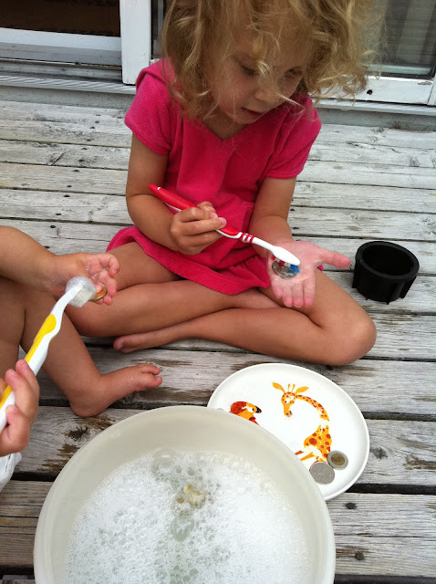 simple water play idea - washing coins