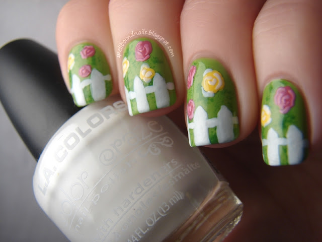 nails nailart nail art polish mani manicure Spellbound ABC Challenge S is for Spring Scene flowers roses texture green leaf leafy white picket fence pink yellow LA Colors Wet n Wild Candy-licious Sinful Colors Exotic Green Revlon Garden eyeshadow applicator sponge sponged sponging 