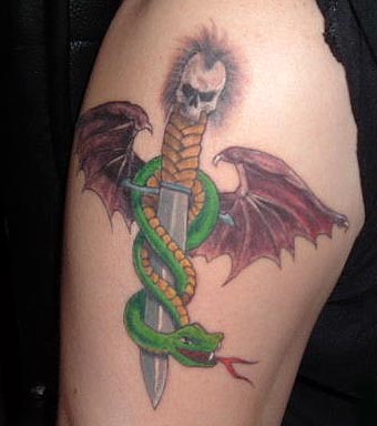 Snake and dagger with skull tattoo