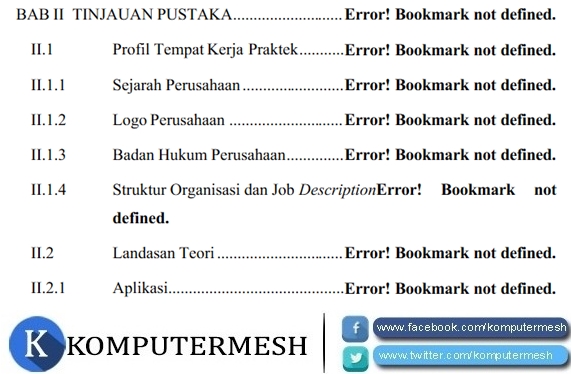 Cara Memperbaiki Daftar Isi Error Bookmark Not Defined Word