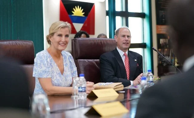 The Countess of Wessex wore a new classic silk tea midi dress from Suzannah. Prime Minister of Antigua and Barbuda Gaston Browne