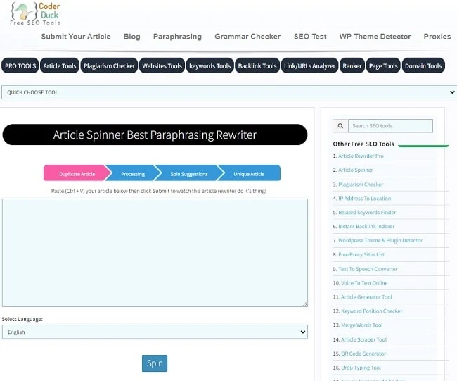 CoderDuck Free Rephrasing and Article Spinner Tool