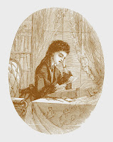 [Image Description] Red colorized illustration from a Victorian woman reading mail at a table.