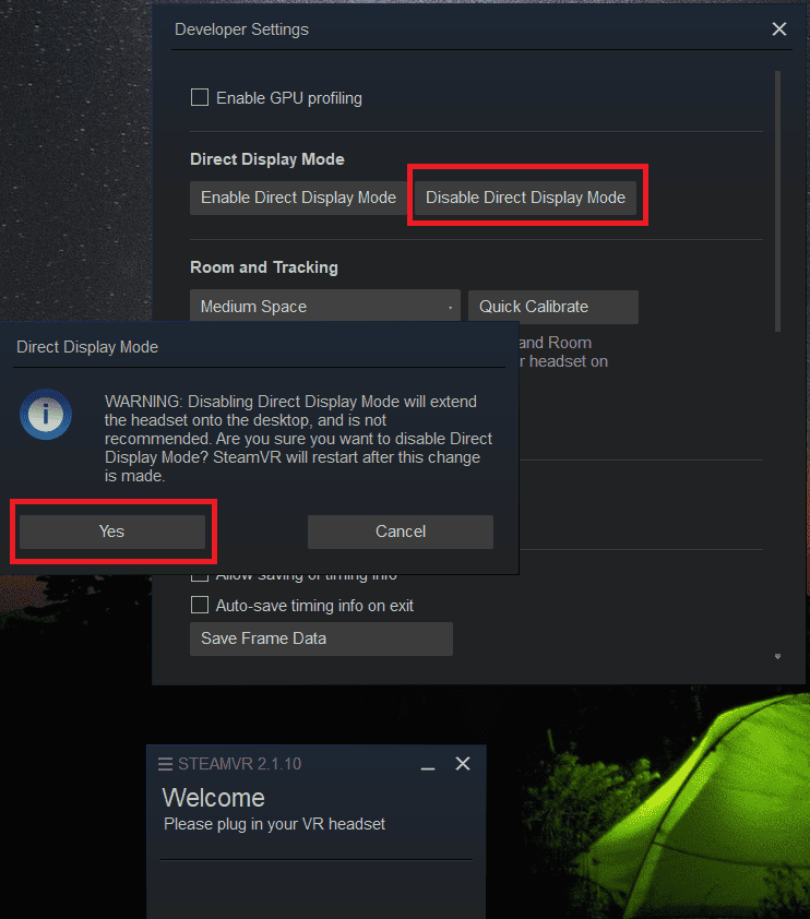 Disable direct display mode steamvr
