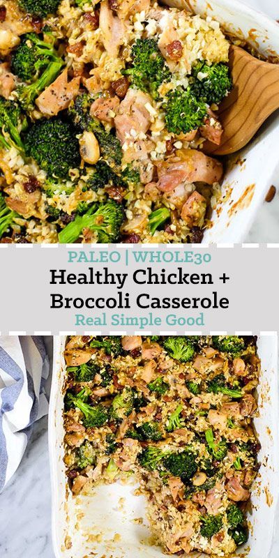 As part of our weekly meal prep, we love to make a big dinner Sunday, like this Paleo + Whole30 healthy chicken and broccoli casserole and have the leftovers in the fridge the following week. This casserole is a great, Paleo + Whole30 family-friendly and large dinner recipe! |realsimplegood.com #paleo #whole30 #mealprep #casserole #healthycasserole