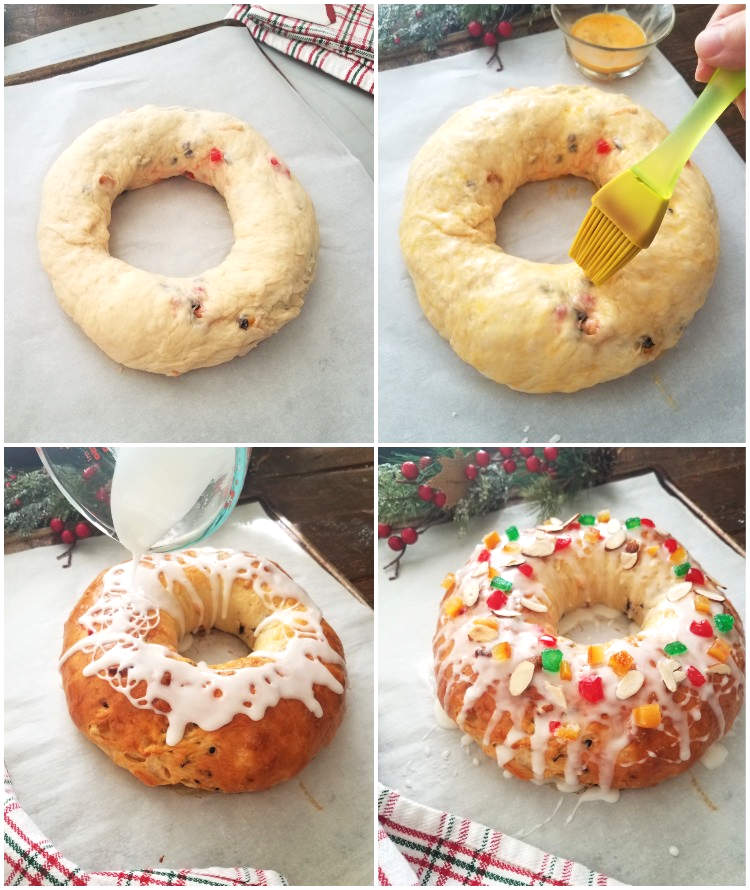 Rosca navideña de frutas confitadas: hornear y decorar la rosca