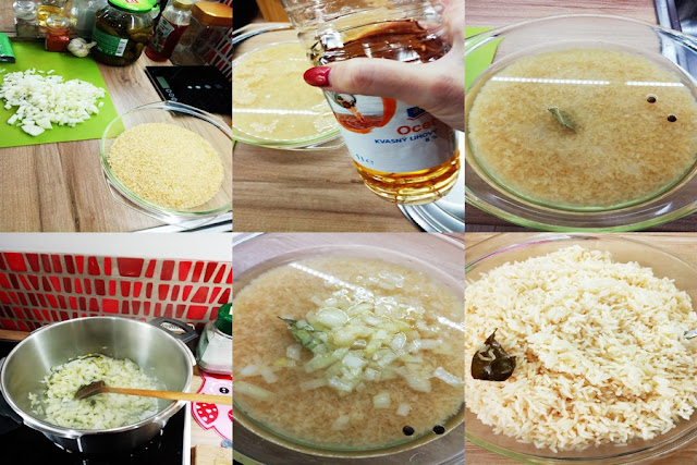 Pečená rýže s cibulí bobkovým listem a novým koření