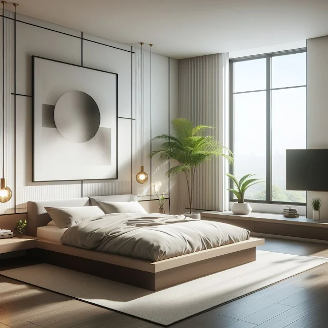 modern bedroom with minimalist design, clean lines