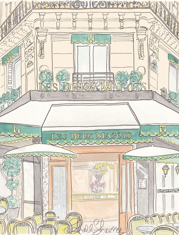 Les Deux Magots Cafe Paris illustration © Shell Sherree all rights reserved