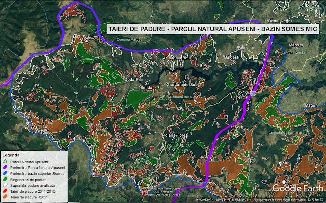 Distrugerea Parcului ?Natrual Apuseni prin taieri ilegale din aria acestuia intre 1990 si 2015.