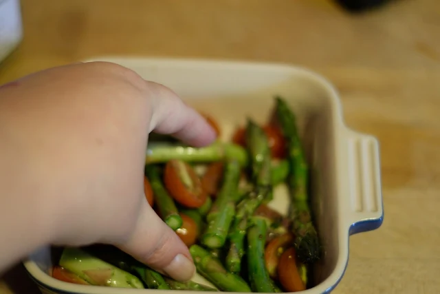 Toss everything together in the baking dish. 