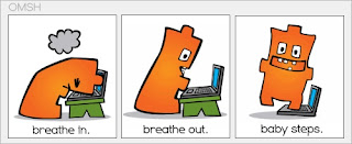 cartoon with three panels: breathe in, breathe out, baby steps