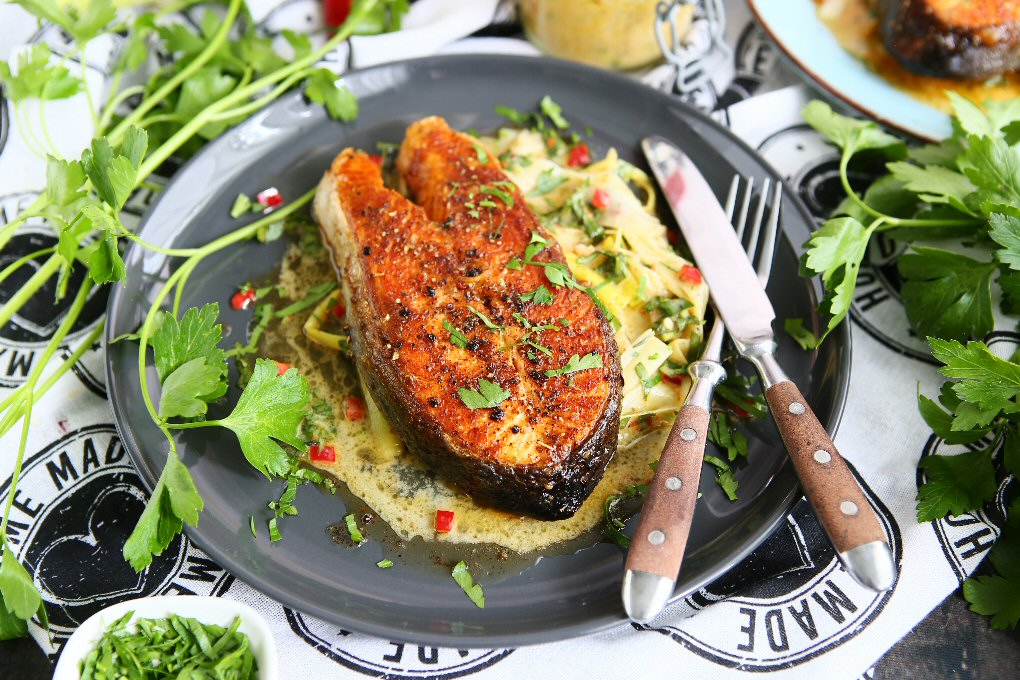 Pan Seared Salmon Steaks with Leek Vinaigrette