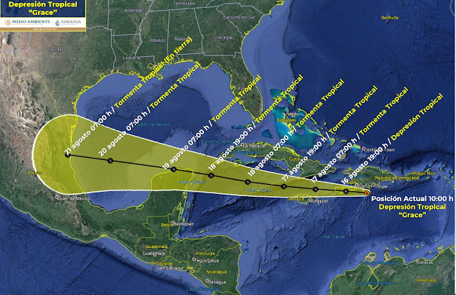 El centro de Grace, que avanza hacia la Península de Yucatán a 24 km/h con vientos máximos sostenidos de 55 km/h y rachas de 75 km/h