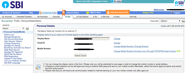 Change Registered Mobile Number in SBI online