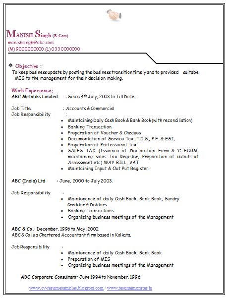Resume For Bcom Students BCom Experience Resume Format