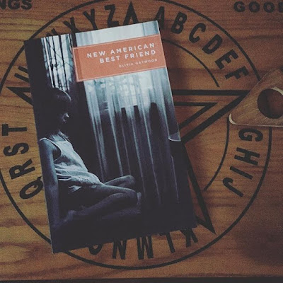 A book lays on a wooden surface. The book cover shows a black and white photo of a young girl sat in front of a window. The text reads 'New American Best Friend' 'Olivia Gatwood'