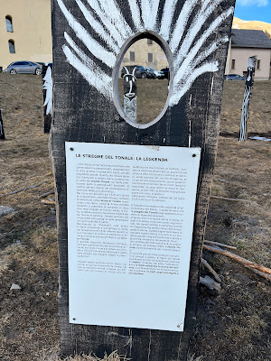 A commemorative sculpture near Ospizio San Bartolomeo telling of the story of two witch trials in Val Camonica in the 1500s. Witches (mostly woman and some men) were reported to come to this area on Passo Tonale to practice their witchcraft.