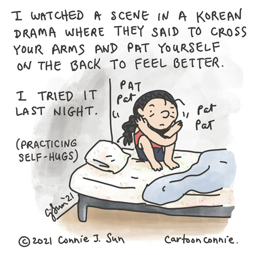 Diary comic, sketchbook drawing about giving yourself a hug and practicing self-love in difficult times, by Connie Sun, cartoonconnie