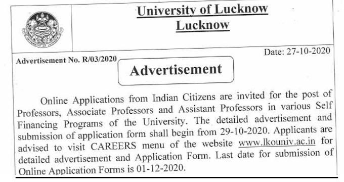 10 posts of Assistant Professor (Law)  at University of Lucknow - last date 01/12/2020