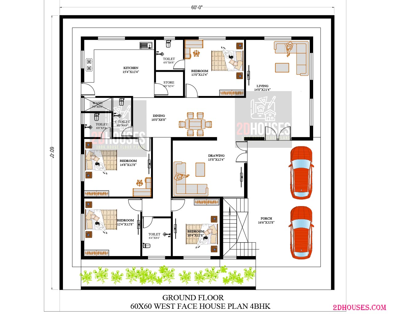 60x60 house design single floor 4bhk west face