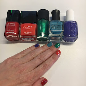 National Nail Polish Day, rainbow manicure, nail art, nails, nail polish, nail lacquer, nail varnish, Chanel Coromandel, butter LONDON Jaffa, M.A.C Cosmetics Style Matters, Deborah Lippmann On The Beach, Essie All Access Pass