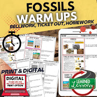 Fossils Worksheets, Science Warm Ups, Earth Science NGSS Bellringers, Science Warm Ups, Science Homework, Science Ticket Out, Substitute Lessons